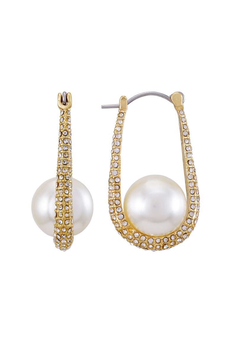 Vince Camuto Pave and Pearl Drop Earrings, Alternate, color, 14K Gold Plated