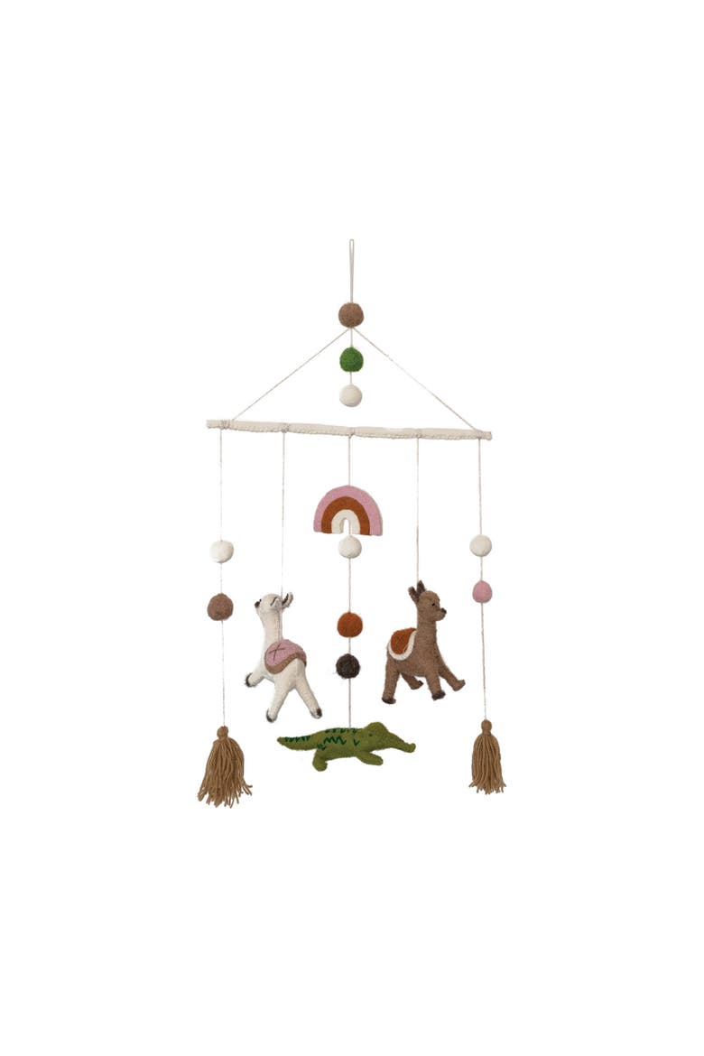 Wool Felt Mobile with Llamas, Alligator and Tassels, Main, color, Ivory