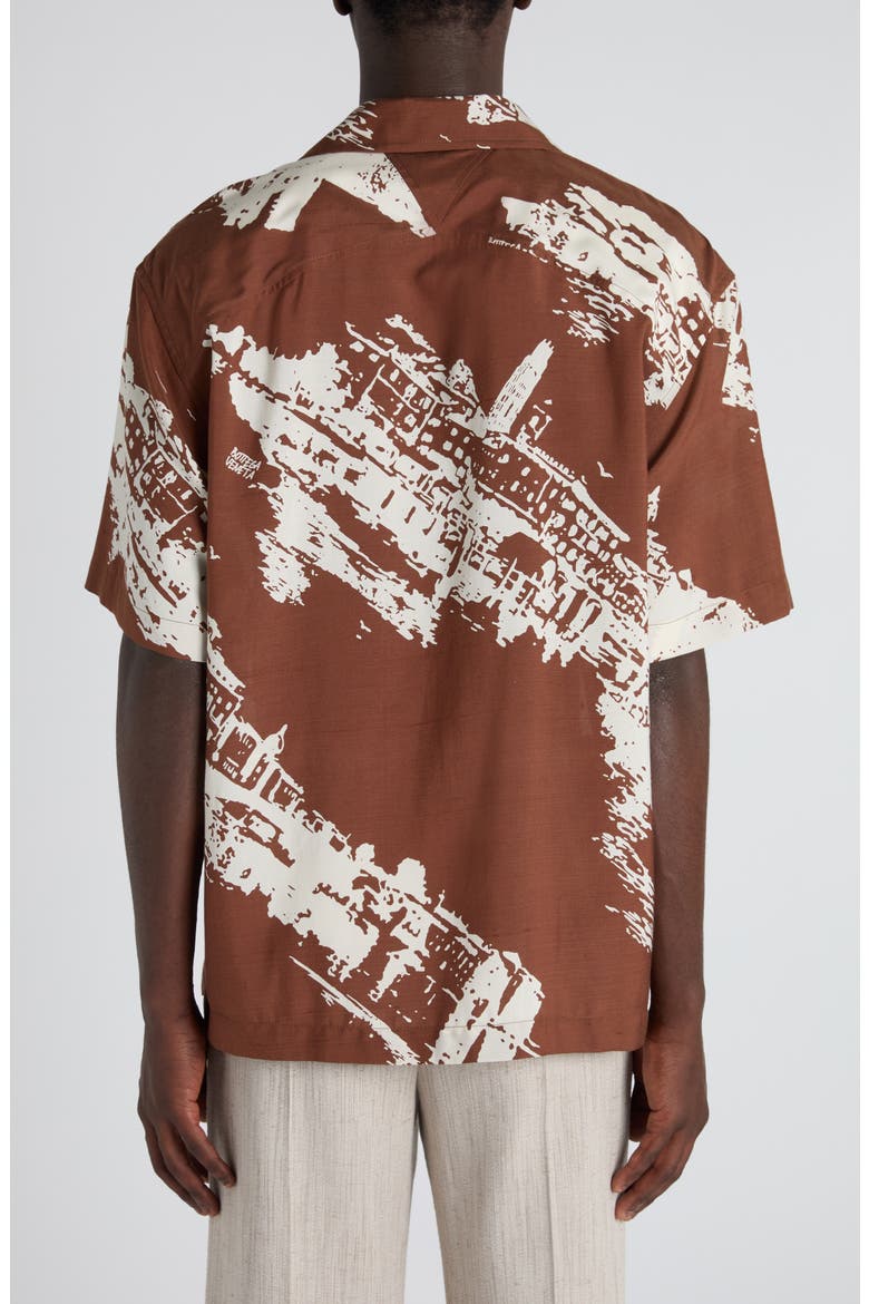 Postcard Print Silk Blend Camp Shirt, Alternate, color, 2154 PECAN/ DOVE