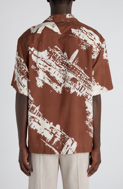 Bottega Veneta Postcard Print Silk Shantung Short Sleeve Shirt In Brown