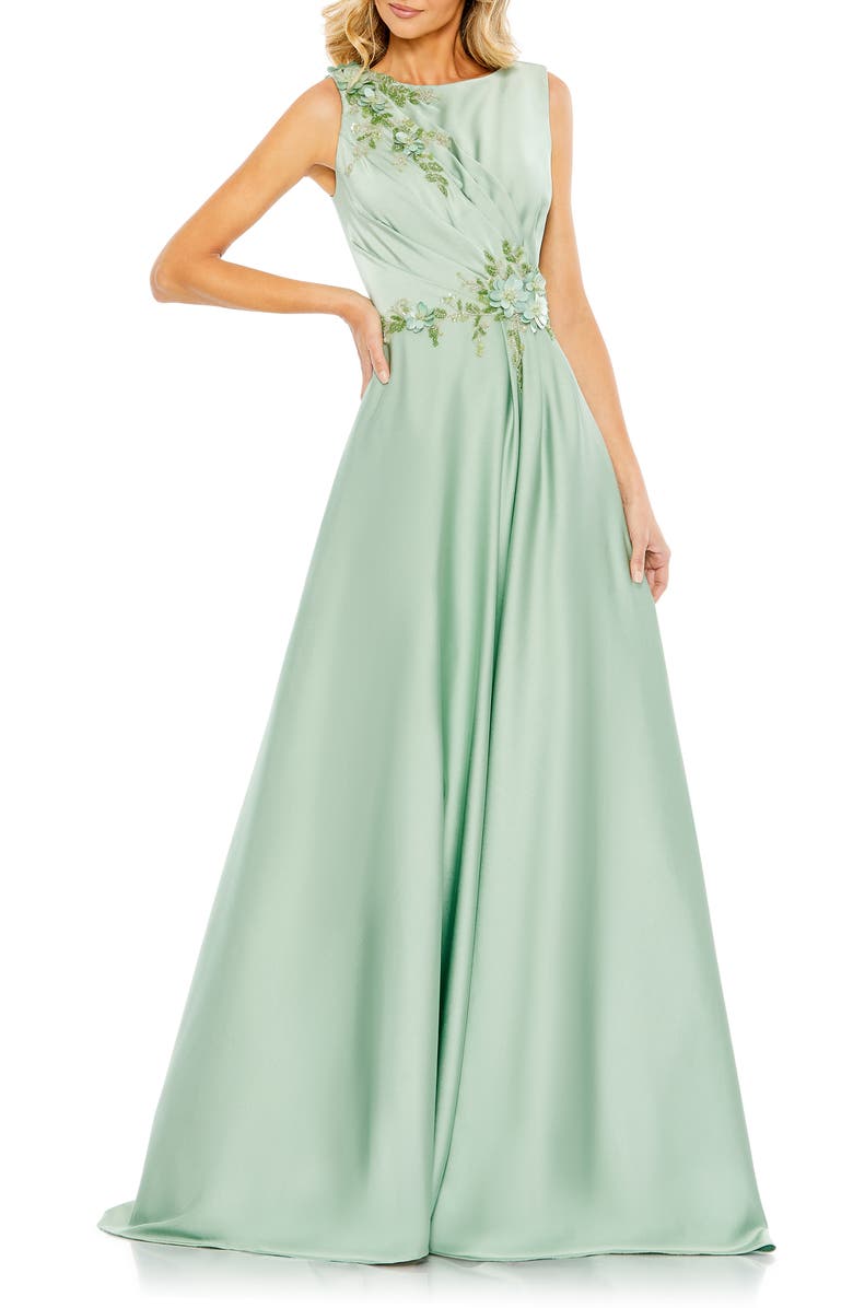 Mac Duggal Floral Applique Sleeveless A Line Gown, Main, color, Sage