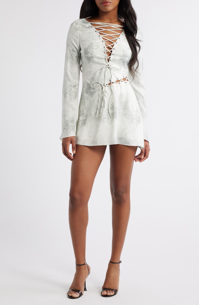 Mistress Rocks Lace Up Long Sleeve Satin Minidress, Main, color, Marble