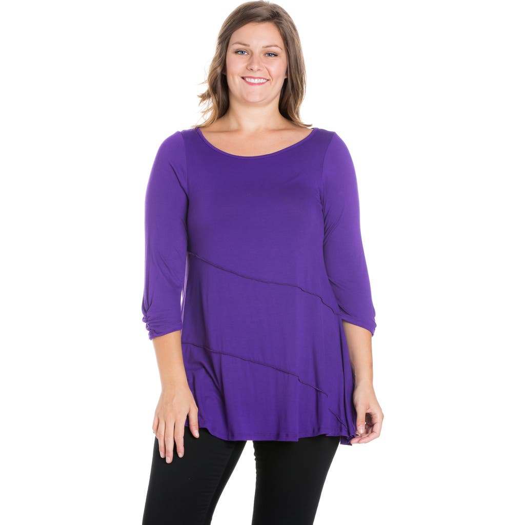 24seven Comfort Apparel Plus Size Ruched Sleeve Swing Tunic Top In Purple