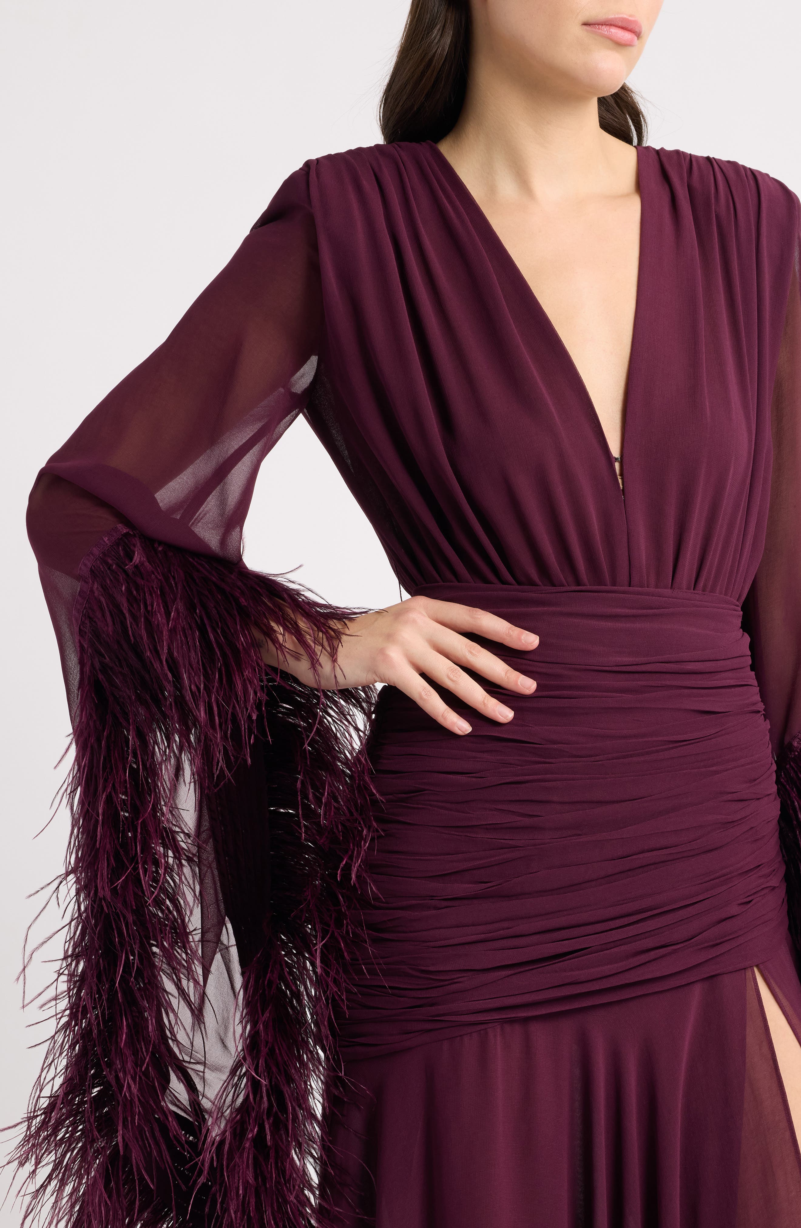 BRONX BANCO Feather Detail Long Sleeve Ruched Gown (Women) | Nordstrom