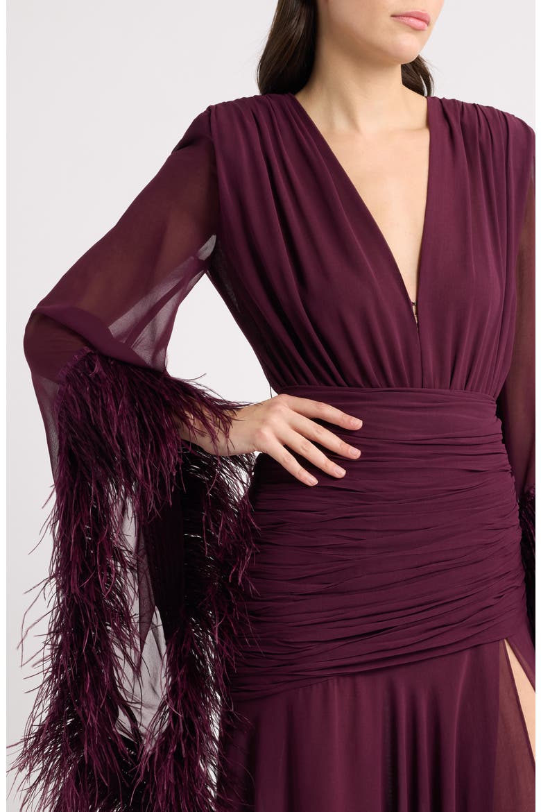 Feather Detail Long Sleeve Ruched Gown, Alternate, color, BURGUNDY