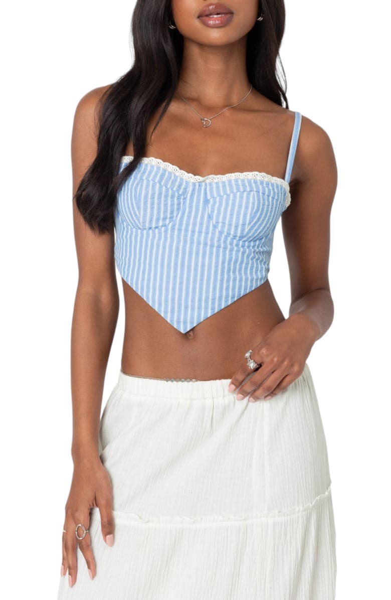 EDIKTED Puckered Triangle Hem Crop Corset Top, Main, color, Light-Blue