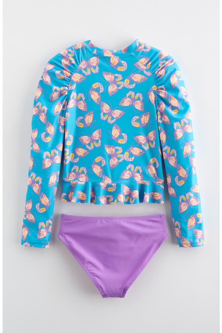 Kids' Two-Piece Long Sleeve Rashguard Swimsuit, Alternate, color, TURQUOISE COOL BUTTERFLY BLISS