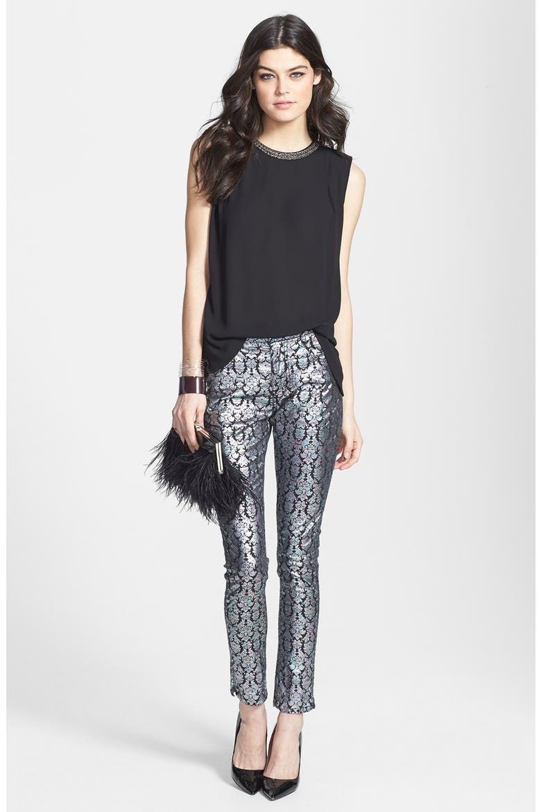 'Petrol' Metallic Print Skinny Pants, Alternate, color, MULTI