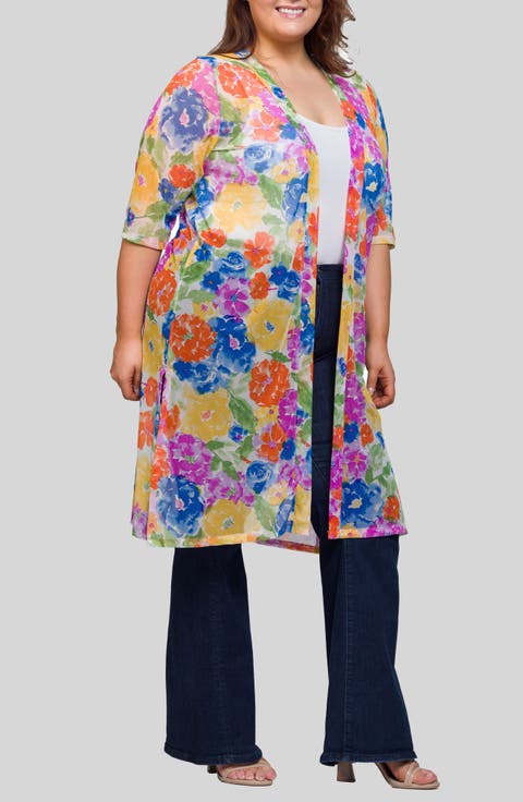 Watercolor Floral Print Sheer Open Front Long Jacket (Plus)