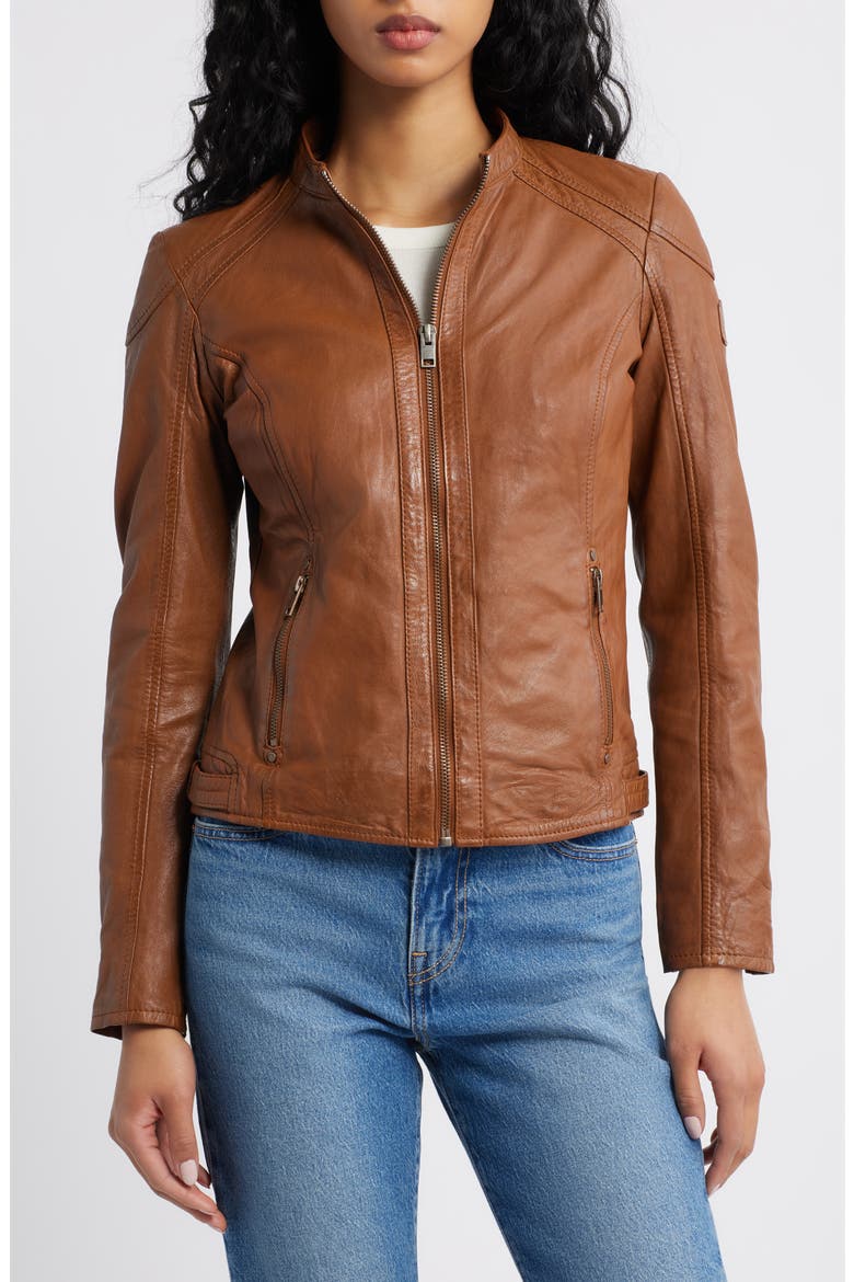 Allice Leather Moto Jacket, Alternate, color, COGNAC