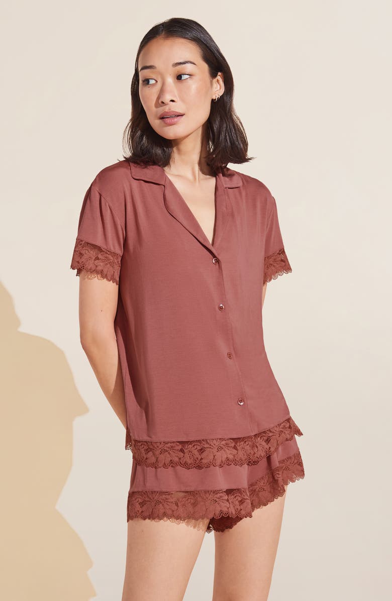 Eberjey Rosalia Lace Trim Short Pajamas, Alternate, color, Rosewood