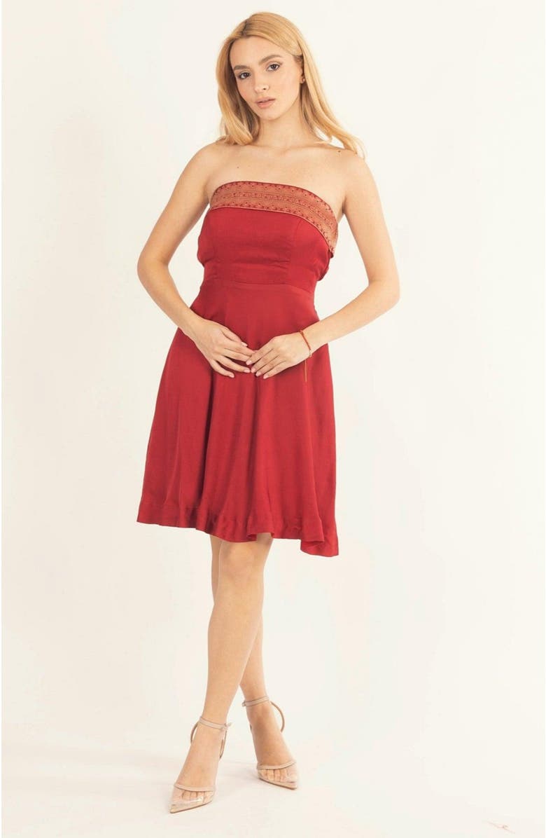 RAAS Cerise Jacquard Border Strapless Mini Dress, Alternate, color,