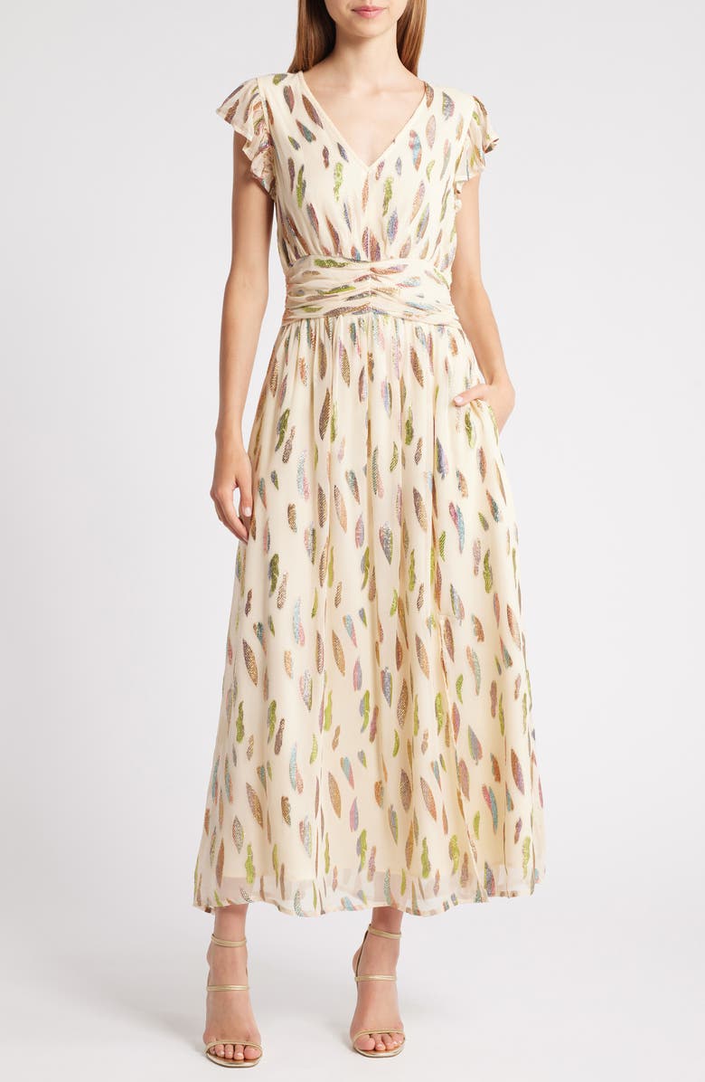 CIEBON Jennsen Metallic Flutter Sleeve Maxi Dress, Main, color,
