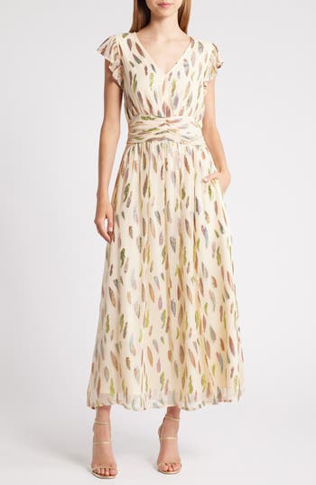 CIEBON Jennsen Metallic Flutter Sleeve Maxi Dress | Nordstrom