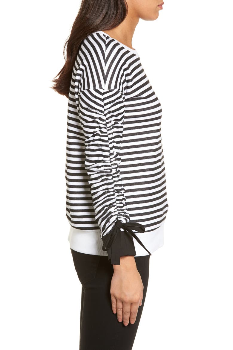 Ruched Sleeve Poplin Trim Sweatshirt, Alternate, color, BLACK- WHITE STRIPE