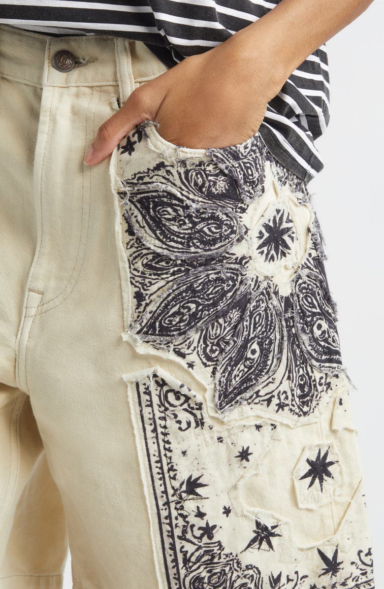 R13 Relaxed Denim Bermuda Shorts, Alternate, color, Ecru Bandana Applique