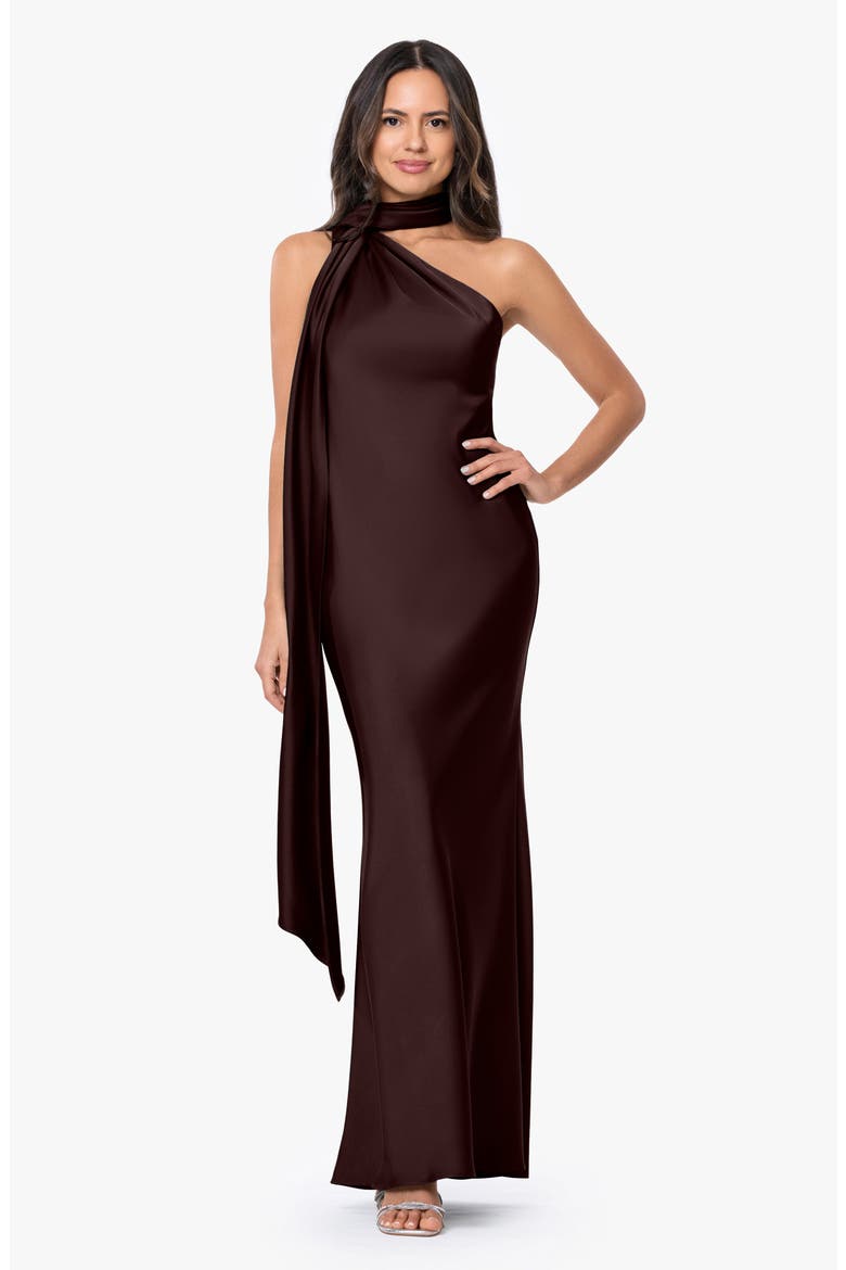 Asymmetric Tie Neck Satin Dress, Alternate, color, BROWN