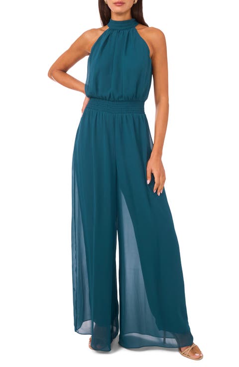 Tie Neck Chiffon Overlay Wide Leg Jumpsuit
