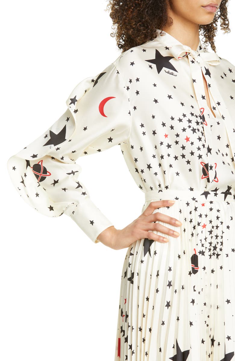 Valentino Ruffle Detail Cosmo Print Silk Blouse, Alternate, color, 