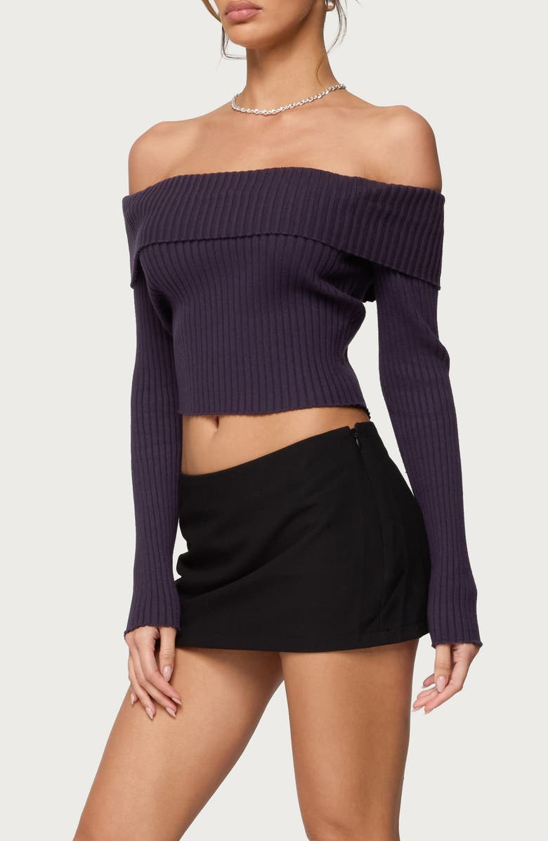 EDIKTED Lauren Foldover Off the Shoulder Rib Sweater, Alternate, color, Purple