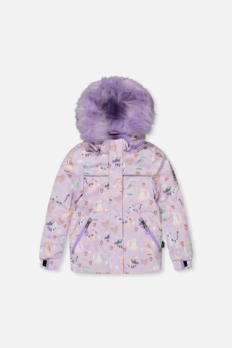 Discover Cats Faux Fur Hood Jacket & Suspender Pants Two Piece Snowsuit, Alternate, color, Purple Printed Cats