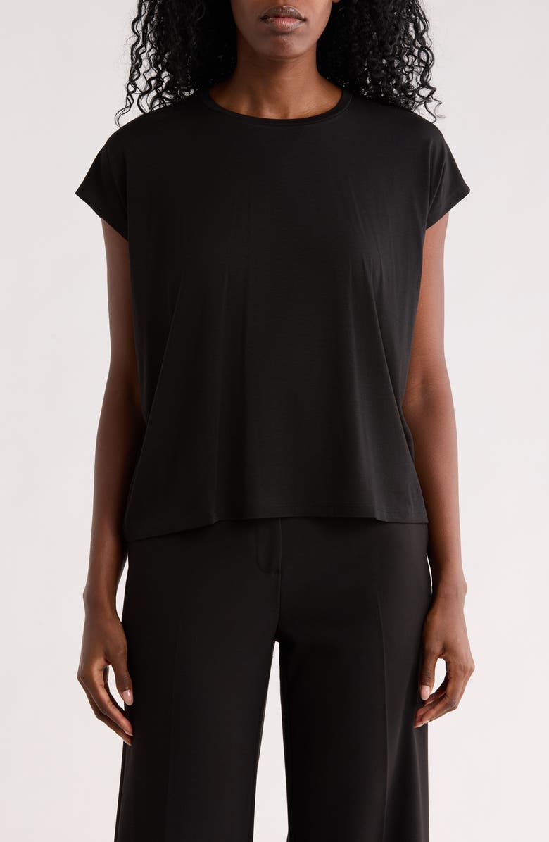 Eileen Fisher Boxy Cap Sleeve Jersey Top, Main, color, Black