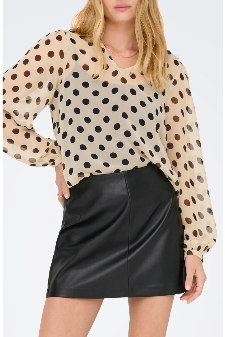 Fedja Polka Dot Long Sleeve Woven Top, Main, color, FROSTED ALMOND/ BLACK DOTS