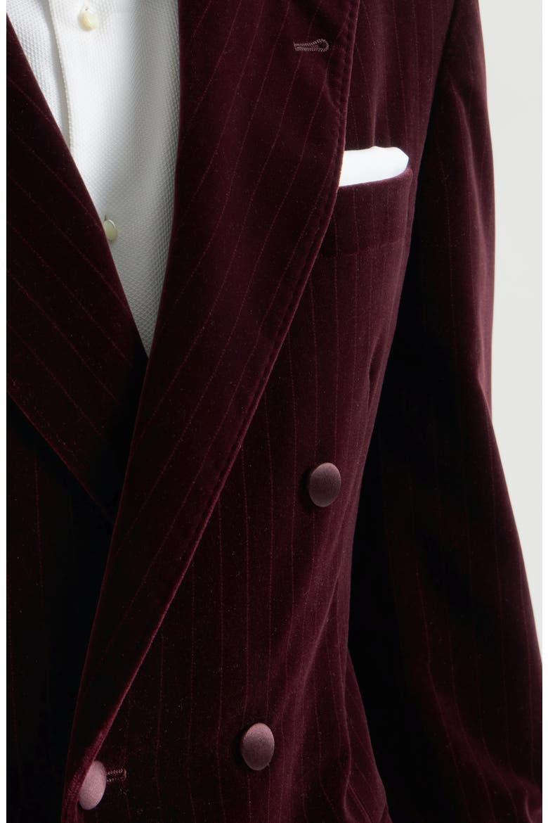 Cotton chalk stripe velvet one-and-a-half breasted tuxedo jacket with peak lapels, Alternate, color, Bordeaux