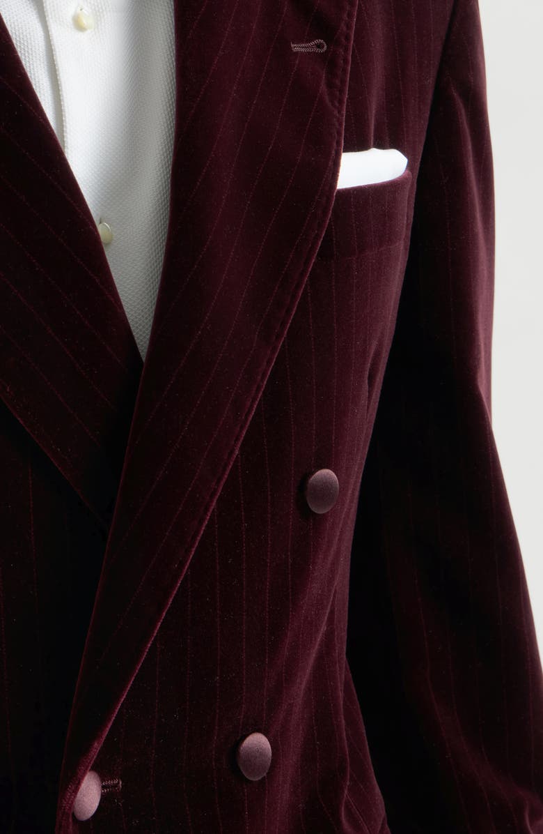 Brunello Cucinelli Cotton chalk stripe velvet one-and-a-half breasted tuxedo jacket with peak lapels, Alternate, color, Bordeaux