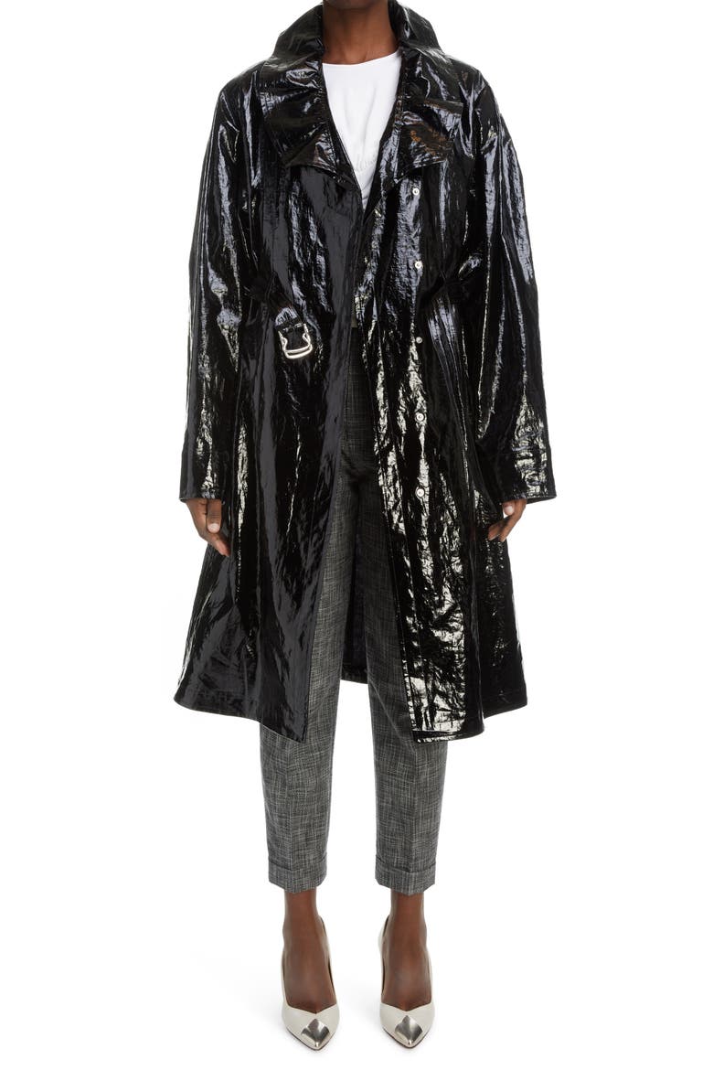 Epanima Crinkle Coated Linen Trench Coat, Main, color, BLACK