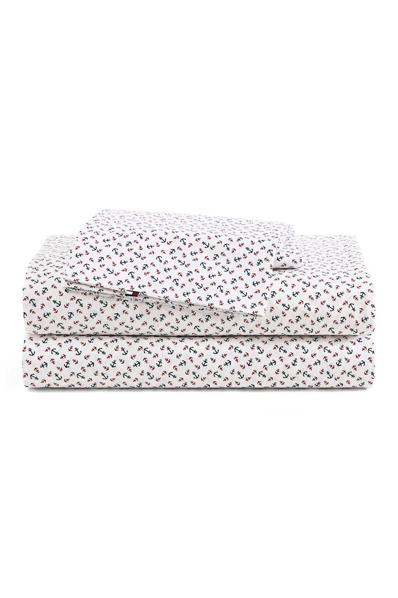 Atlantic Anchors Cotton Percale Sheet Set, Main, color, RED