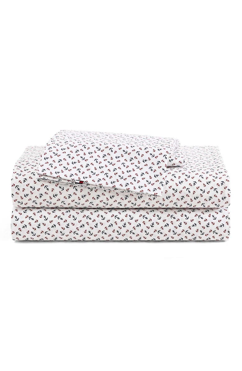 Tommy Hilfiger Atlantic Anchors Cotton Percale Sheet Set, Main, color, Red