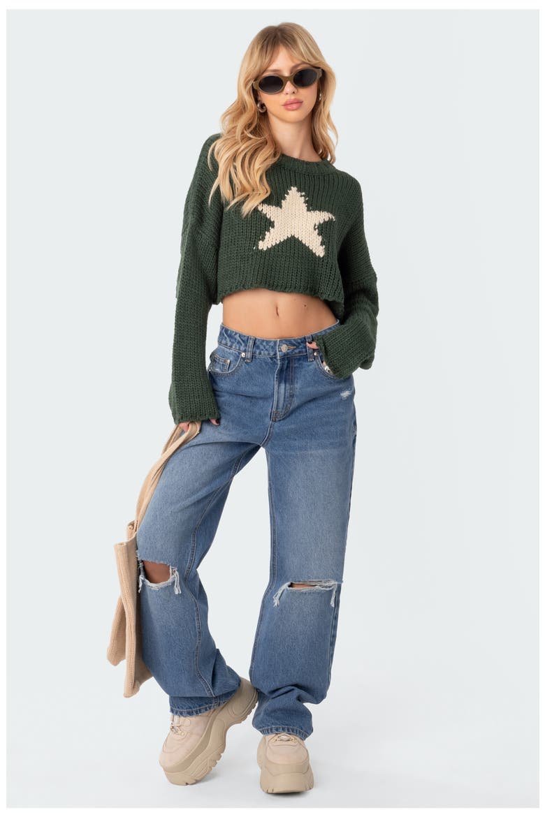 Mega Star Intarsia Crop Sweater, Alternate, color, GREEN