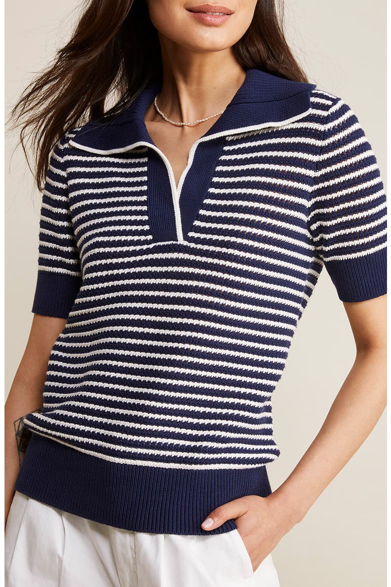 Open Stitch Short Sleeve Polo Sweater, Main, color, NAUTICAL NAVY