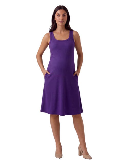 Maternity Essential Ribbed Knit Sleeveless Scoop Neck Pocket A-Line Midi Dress