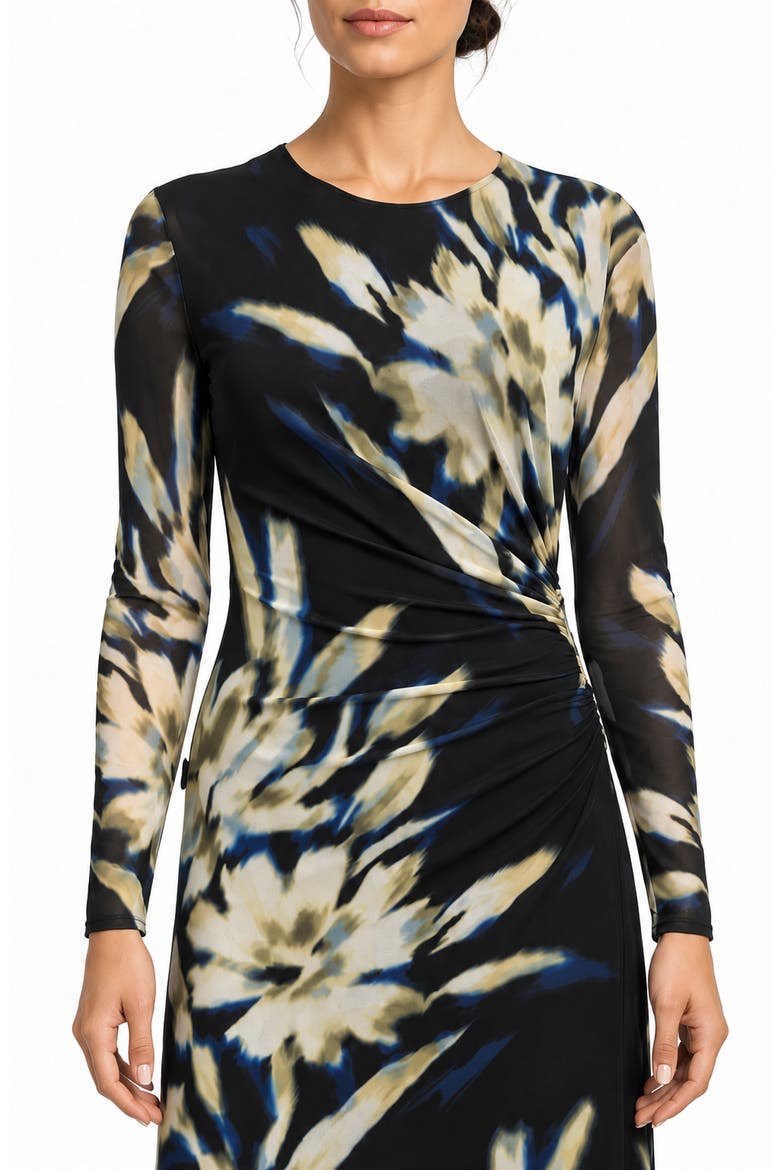 Asymmetric Mesh Long Sleeve Midi Dress, Alternate, color, INKY FLORAL