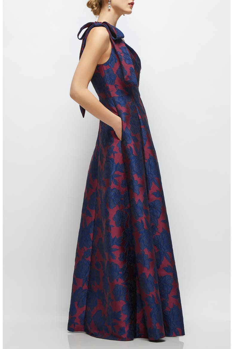Bow One-Shoulder Jacquard Ballgown, Alternate, color, BURGUNDY NAVY FLORAL