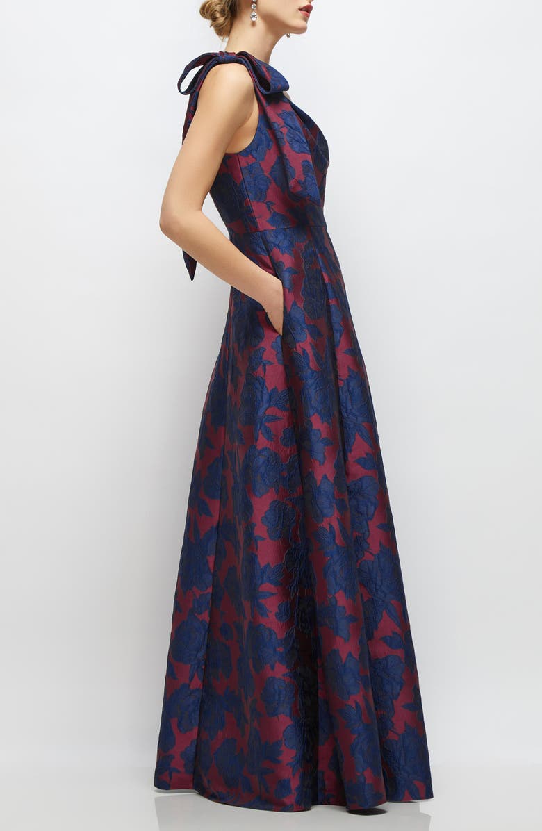 Alfred Sung Bow One-Shoulder Jacquard Ballgown, Alternate, color, Burgundy Navy Floral