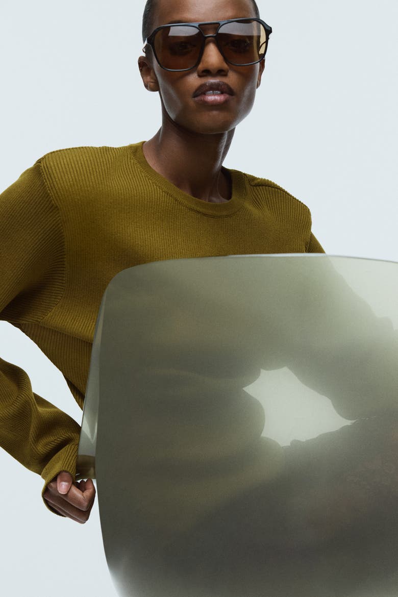 Rib-knit Shoulder-pad Top, Alternate, color, Olive green