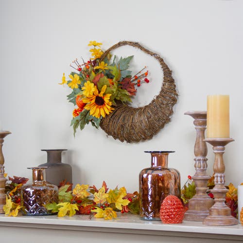 Northlight Cornucopia And Sunflower With Pumpkins Artificial Thanksgiving Wreath In Brown