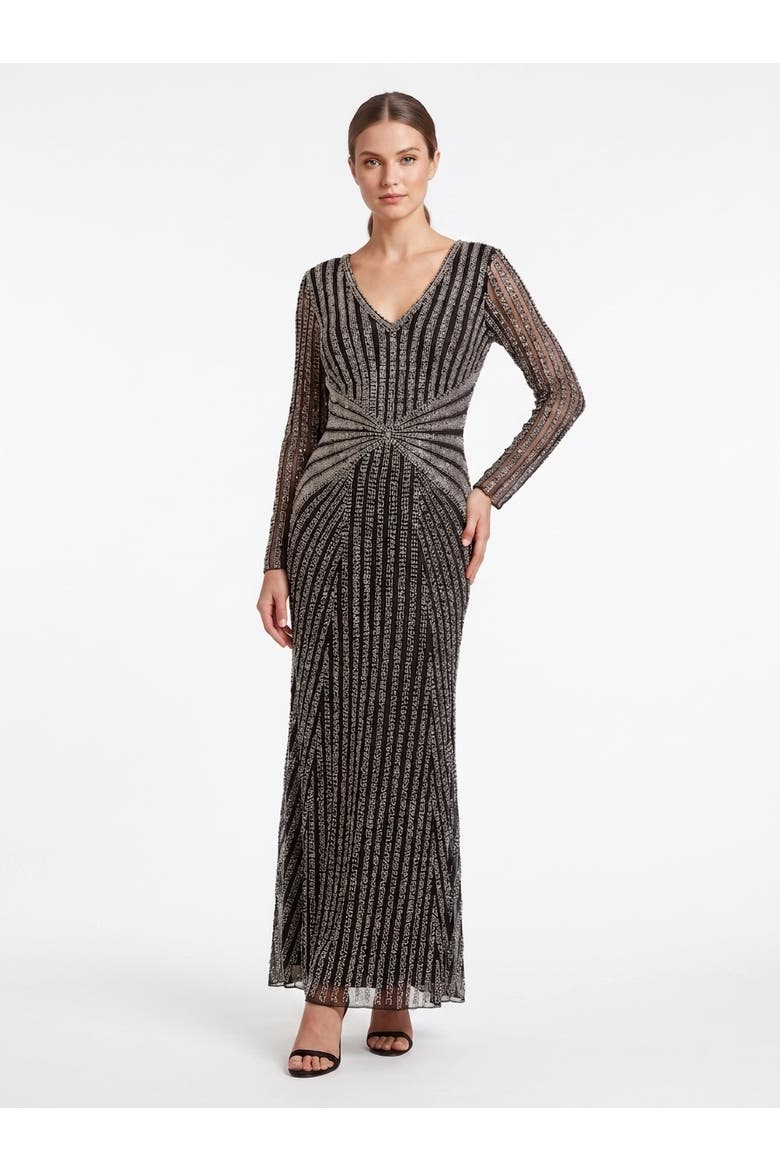 Long Sleeve Beaded Gown, Main, color, Black Silver