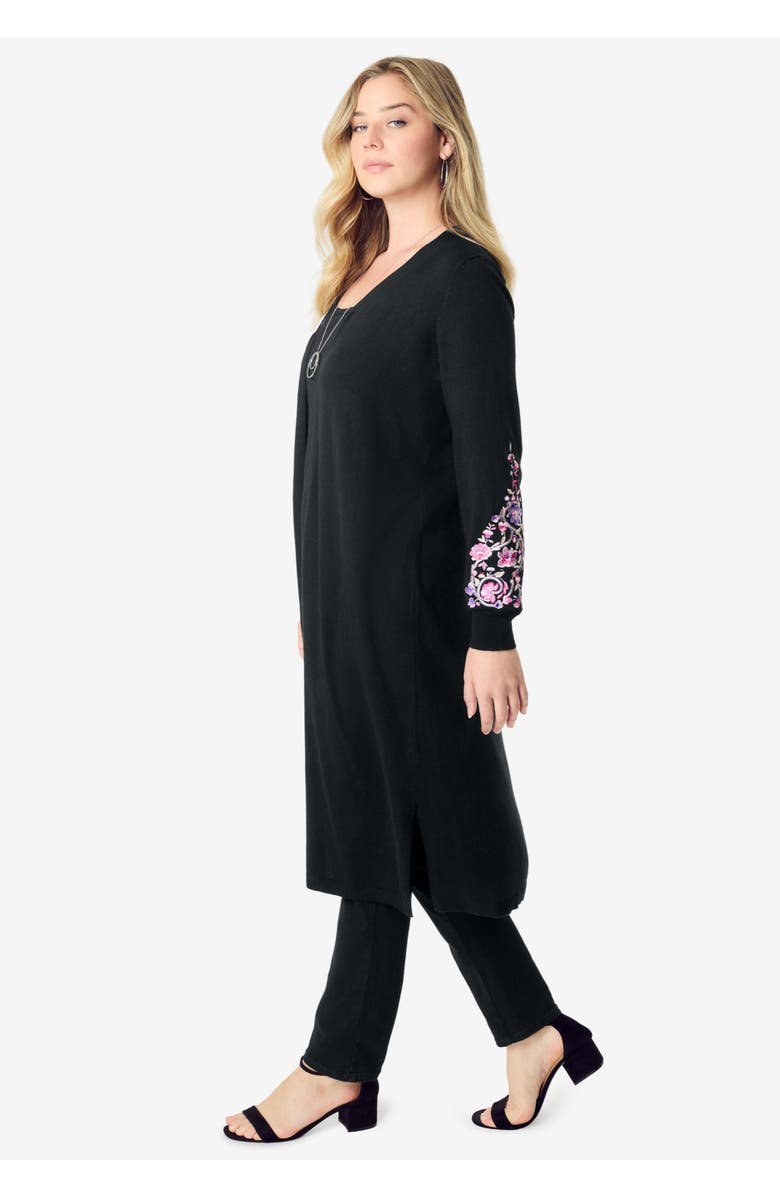 Roaman's Embroidered Duster Cardigan, Alternate, color, Black Bloom Vine