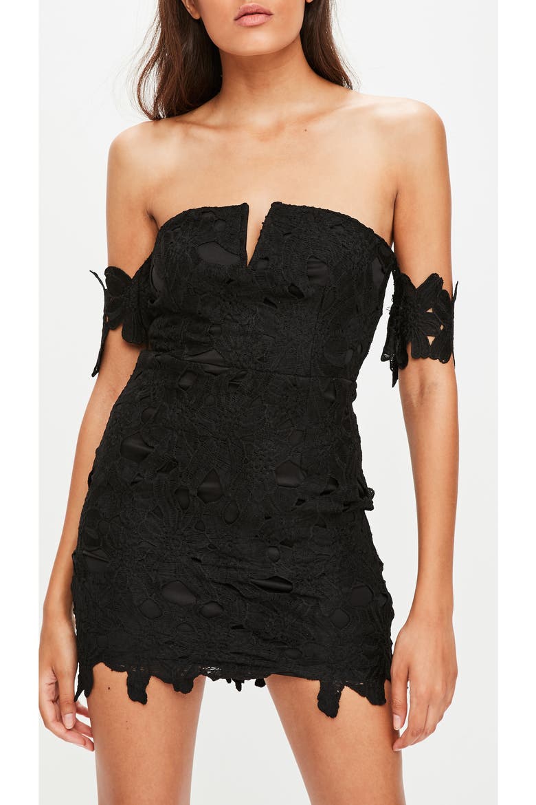 Lace Bardot Minidress, Alternate, color, BLACK