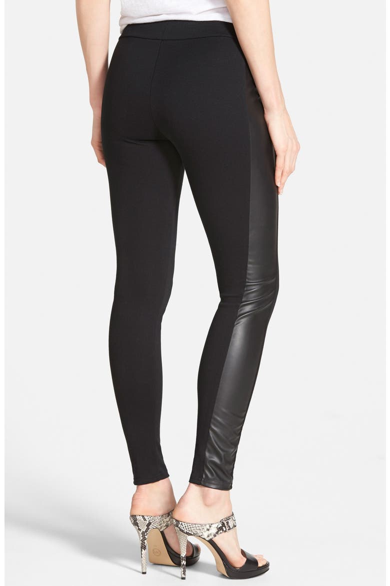 Faux Leather Trim Ponte Leggings, Alternate, color, BLACK