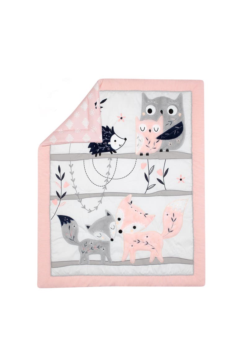 Forever Friends Woodland Fox/Owl 4-Piece Nursery Crib Baby Bedding Set, Alternate, color, Pink