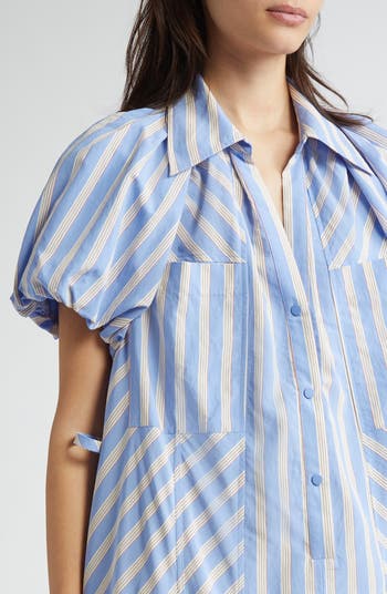 Stripe Puff Sleeve Cotton Blend Shirtdress