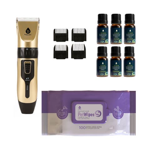 Pet Grooming Bundle - Hair Trimmer, 6-Pack Essential Oils & Lavender Wipes