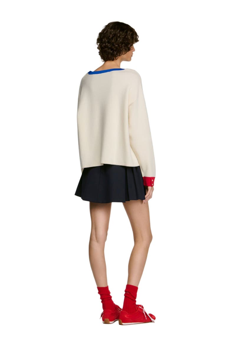Contrast Round-neck Wool Sweater, Alternate, color, Ecru