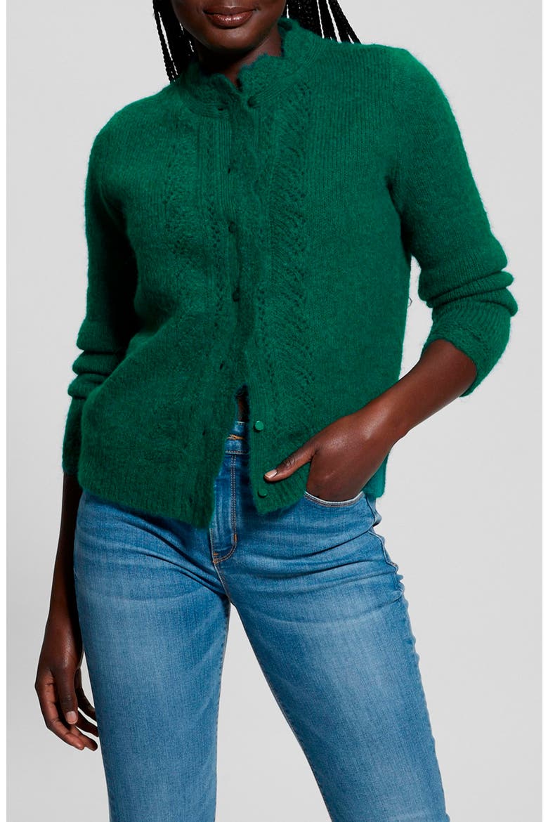 Macie Pointelle Detail Cardigan, Main, color, ADVENTUROUS GREEN