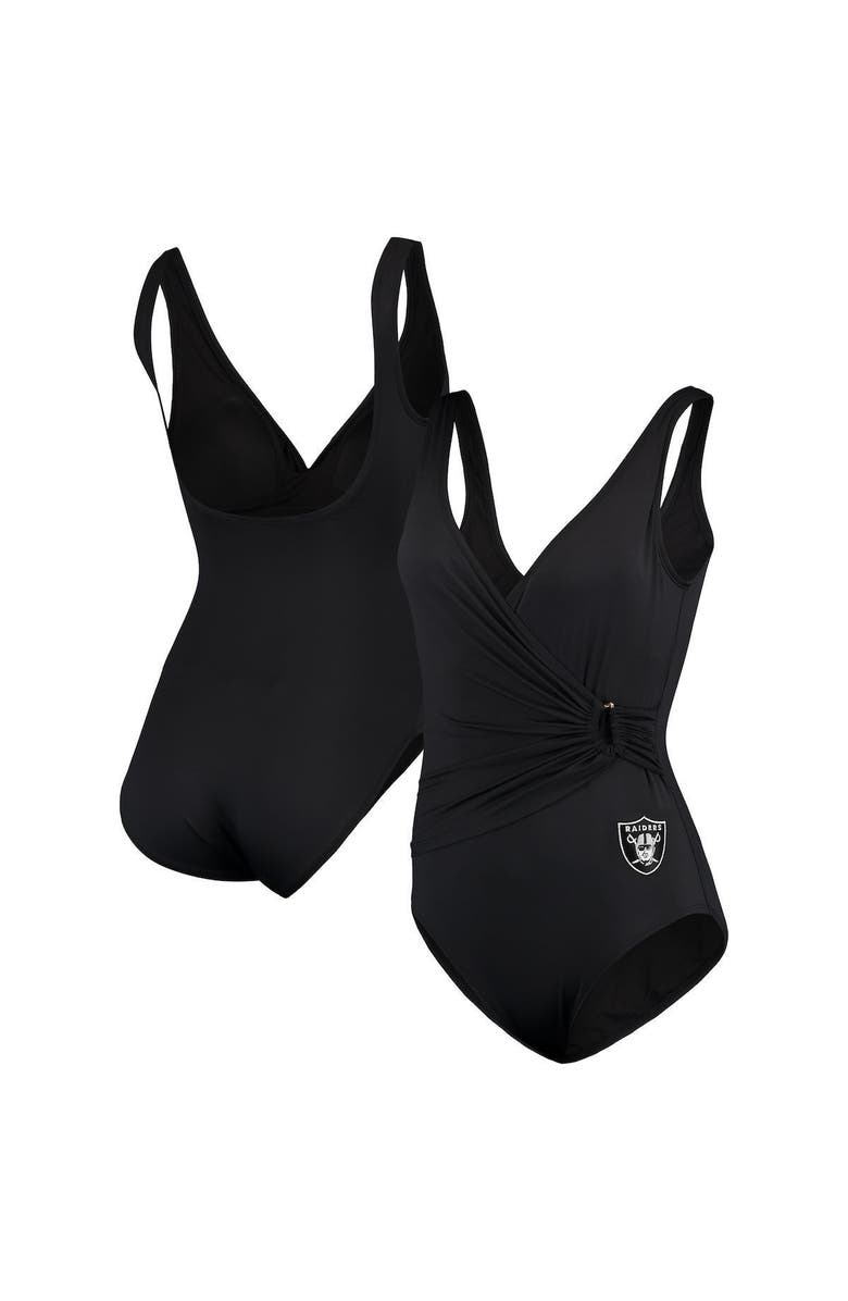 Tommy Bahama Women's Tommy Bahama Black Las Vegas Raiders Pearl Clara Wrap One-Piece Swimsuit, Alternate, color, 